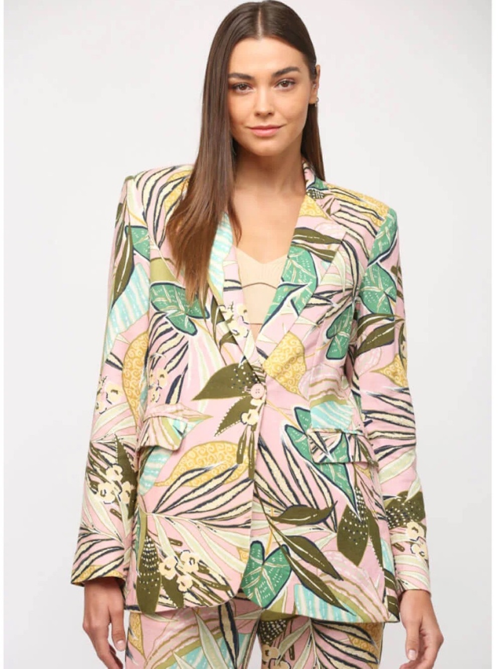 Fate Tropical Palm Leaf Print Linen Blend Blazer Pink Green Small resortwear